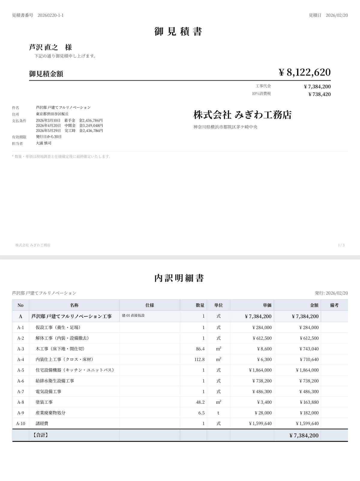 見積書のPDF。表紙に宛名と御見積金額、続けて工種ごとの内訳明細が並んでいる(架空の案件)